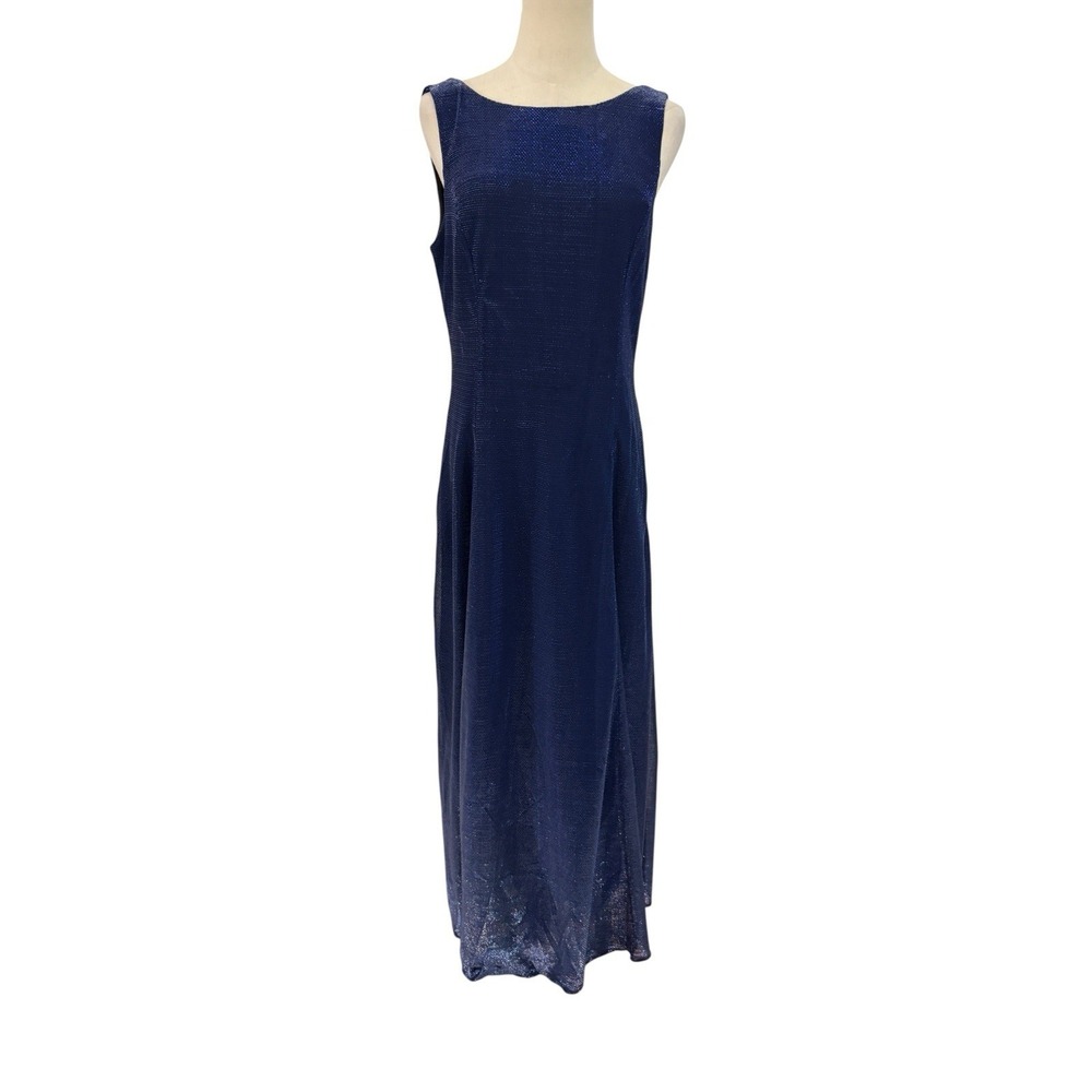 Vtg‎ 90s Scott McClintock Navy Blue Glitter Mesh Evening Gown Cowl Back Sz 10